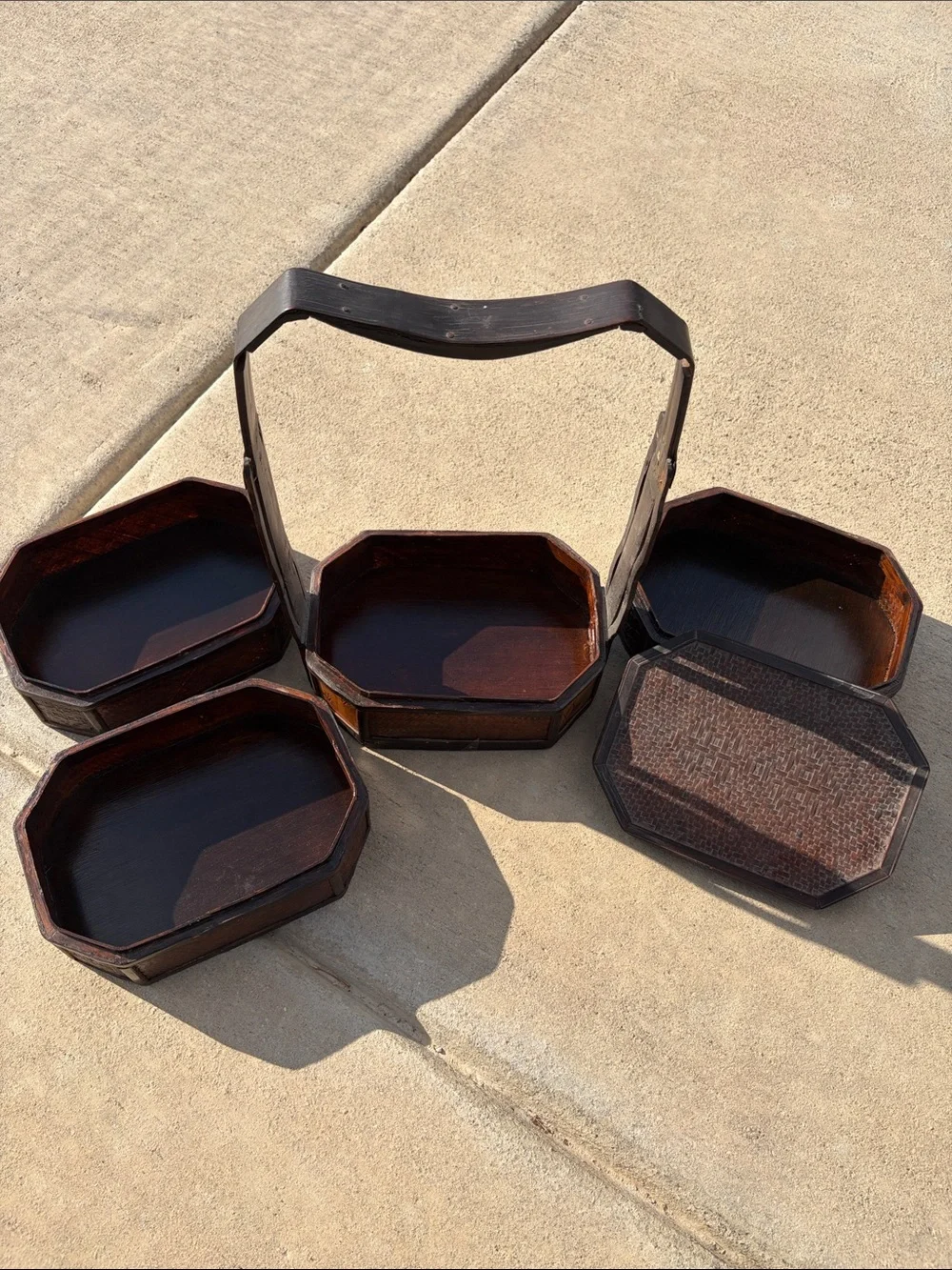 Vintage Ornate Chinese Bamboo Stacked Wedding Basket Lunch Picnic Box 4 Layers